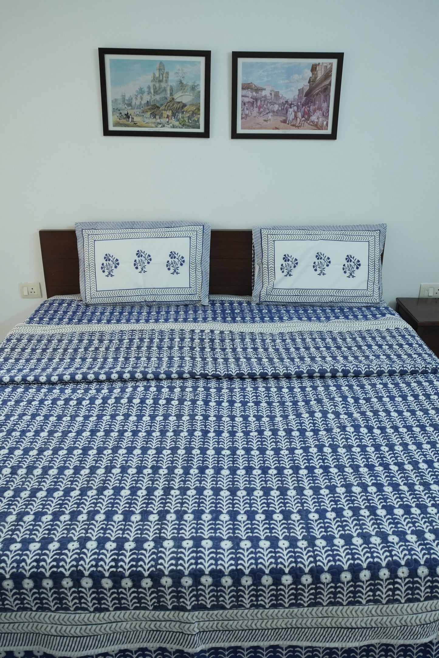 Dark Blue Handblock Cotton Percale 300 TC Bedsheet & Comforter Set