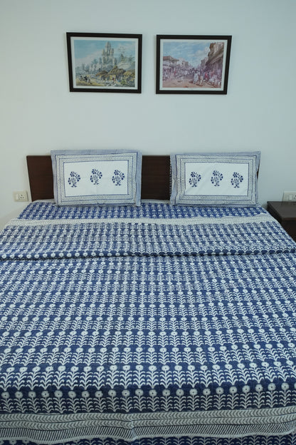 Dark Blue Handblock Cotton Percale 300 TC Bedsheet & Comforter Set