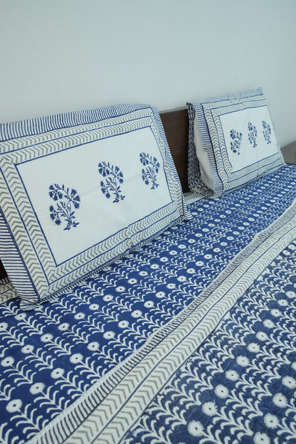 Dark Blue Handblock Cotton Percale 300 TC Bedsheet & Comforter Set