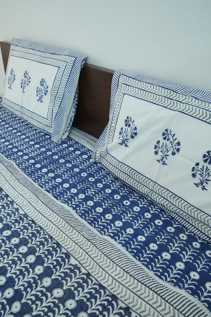 Dark Blue Handblock Cotton Percale 300 TC Bedsheet & Comforter Set