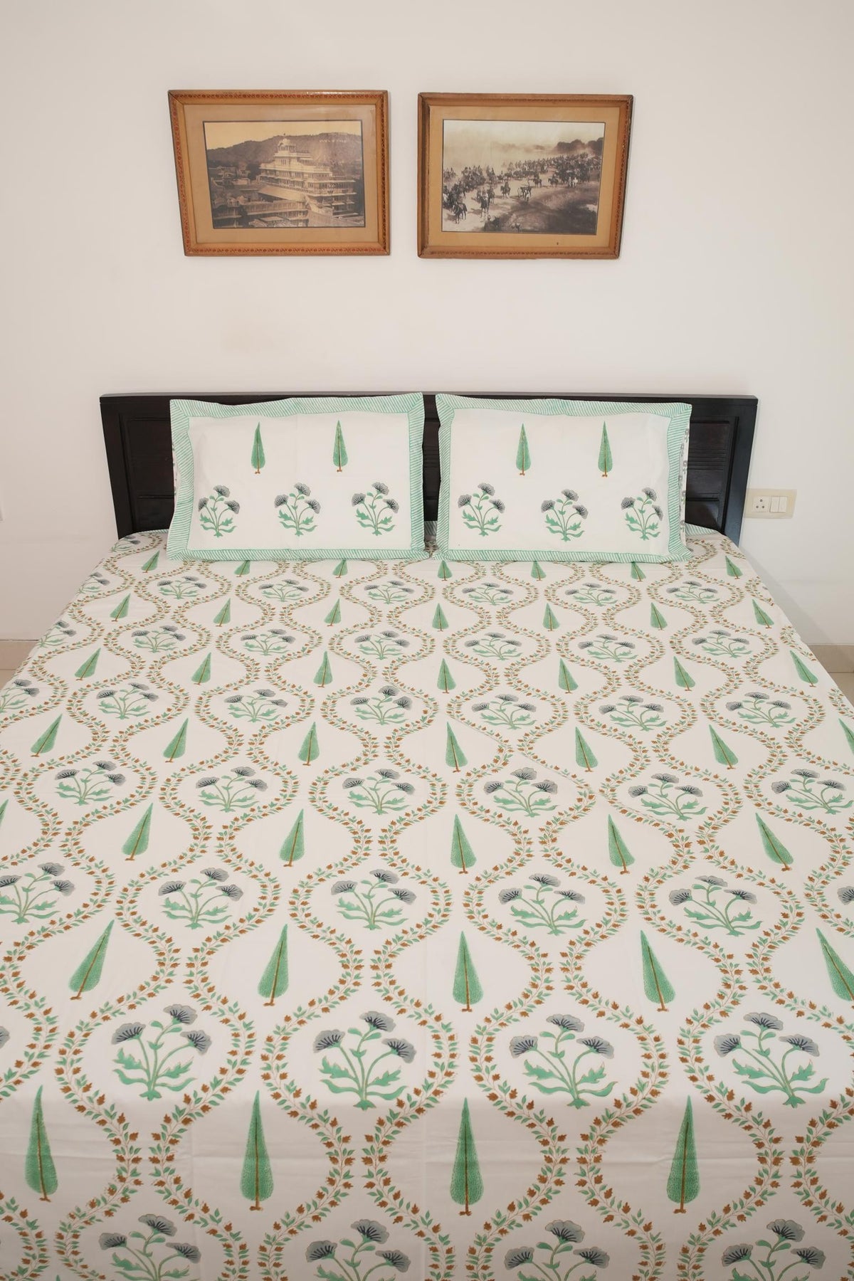 Light Green & Grey Floral Handblock Cotton Percale 300 TC Bedsheet