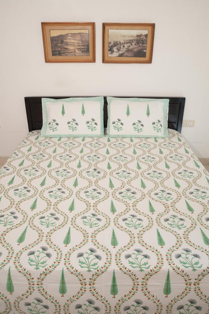 Light Green & Grey Floral Handblock Cotton Percale 300 TC Bedsheet