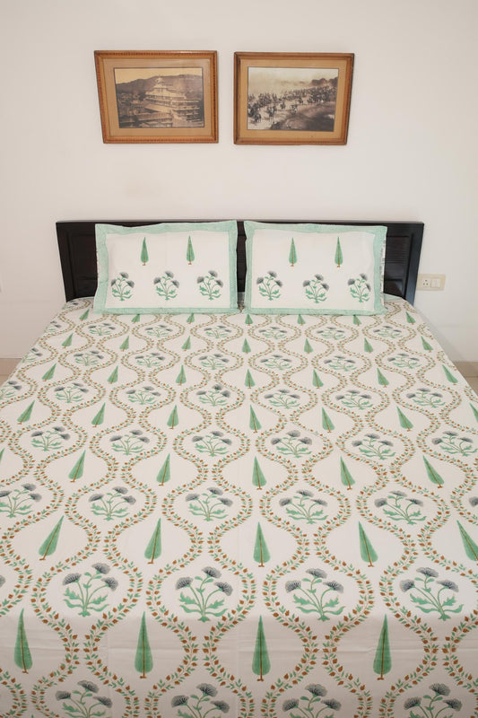 Light Green & Grey Floral Handblock Cotton Percale 300 TC Bedsheet