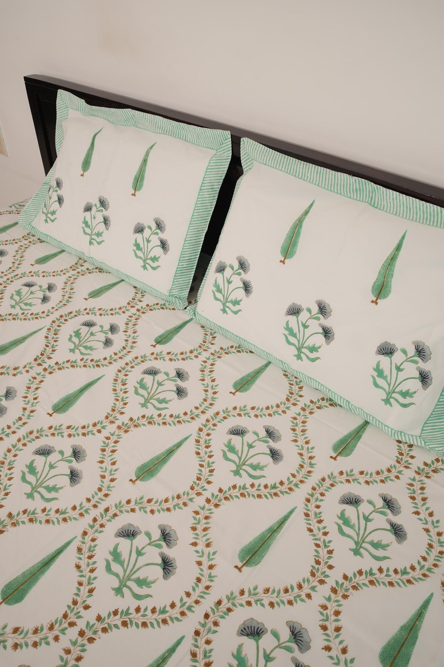 Light Green & Grey Floral Handblock Cotton Percale 300 TC Bedsheet