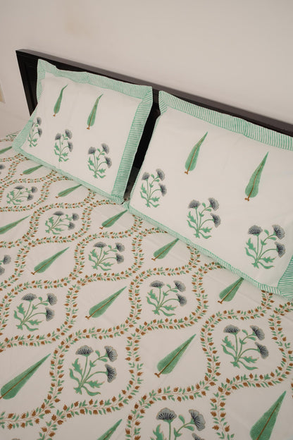 Light Green & Grey Floral Handblock Cotton Percale 300 TC Bedsheet
