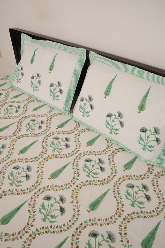 Light Green & Grey Floral Handblock Cotton Percale 300 TC Bedsheet