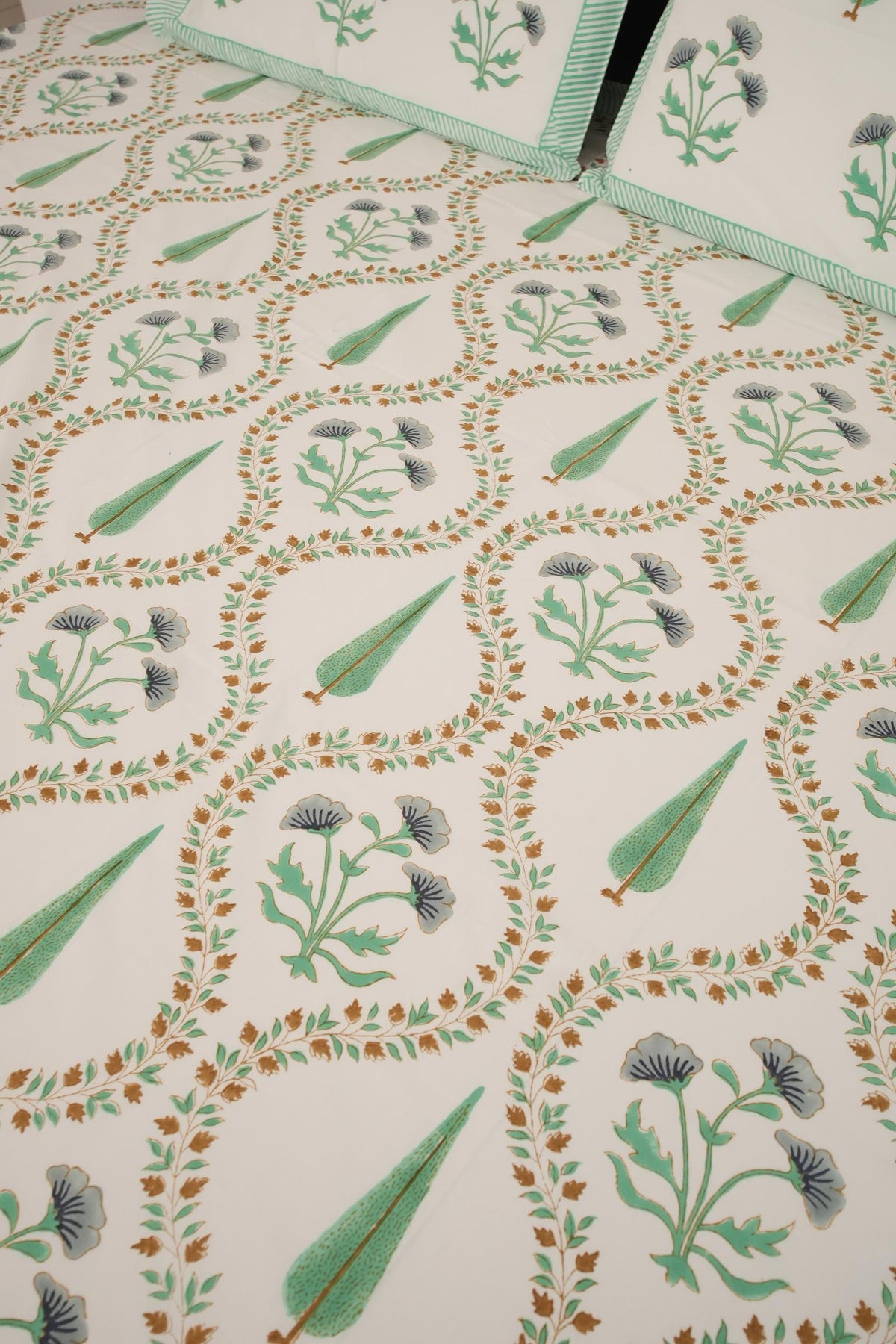 Light Green & Grey Floral Handblock Cotton Percale 300 TC Bedsheet