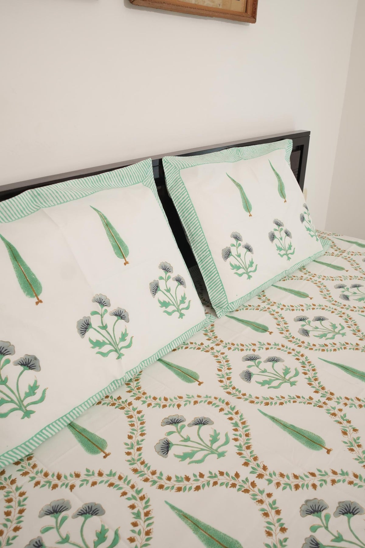 Light Green & Grey Floral Handblock Cotton Percale 300 TC Bedsheet
