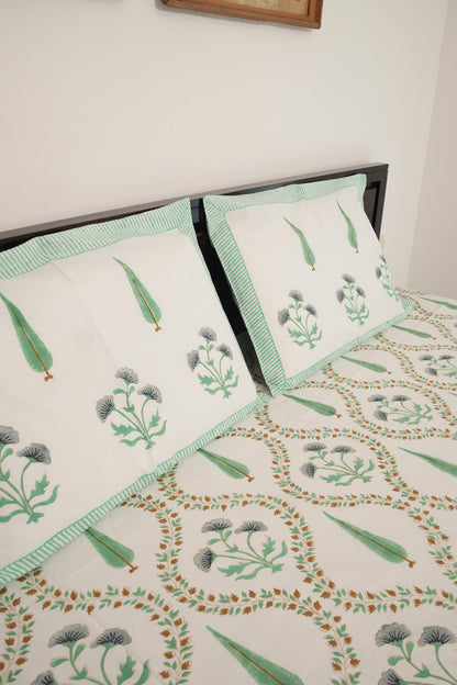 Light Green & Grey Floral Handblock Cotton Percale 300 TC Bedsheet