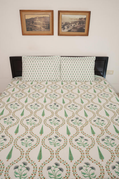Light Green & Grey Floral Handblock Cotton Percale 300 TC Bedsheet