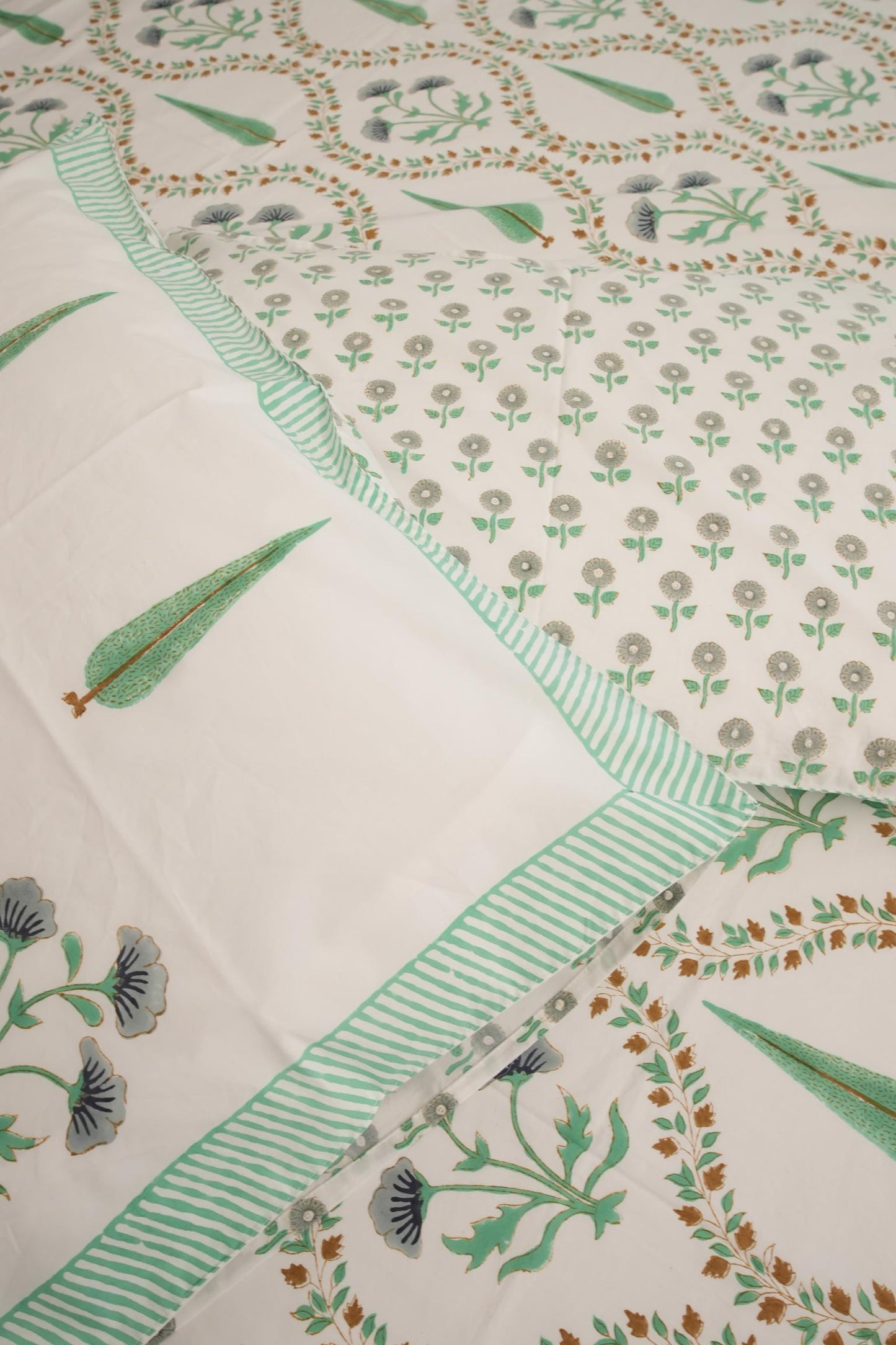 Light Green & Grey Floral Handblock Cotton Percale 300 TC Bedsheet