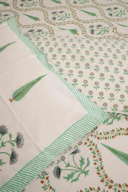 Light Green & Grey Floral Handblock Cotton Percale 300 TC Bedsheet