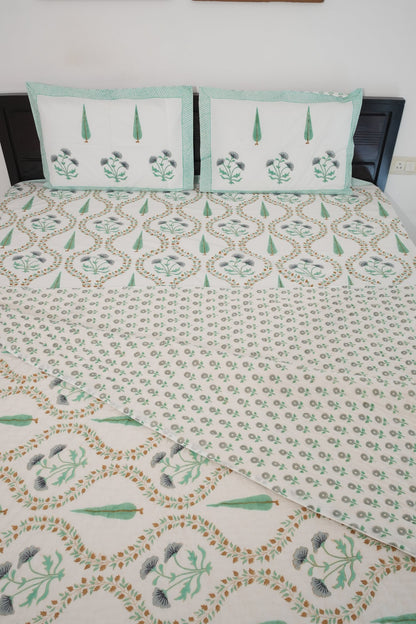 Light Green & Grey Jaal Handblock Cotton Percale 300 TC Bedsheet & Double Quilt Set