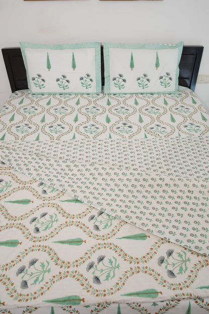 Light Green & Grey Jaal Handblock Cotton Percale 300 TC Bedsheet & Double Quilt Set