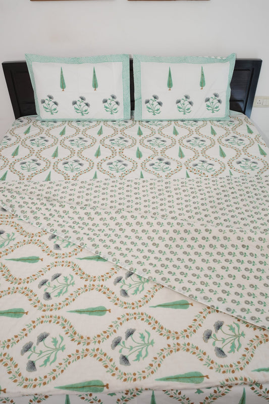 Light Green & Grey Jaal Handblock Cotton Percale 300 TC Bedsheet & Double Quilt Set