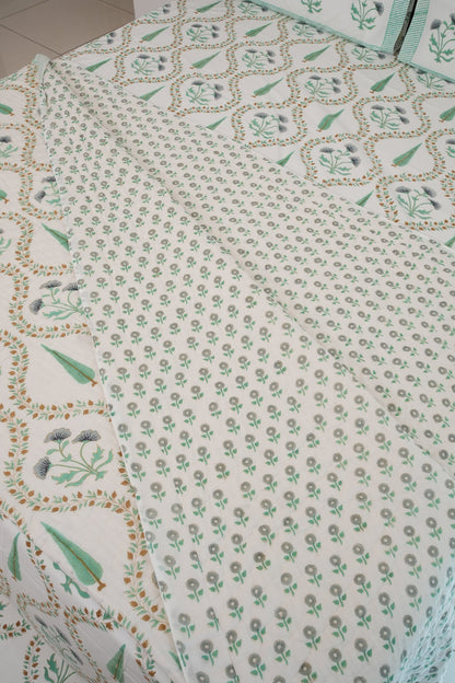 Light Green & Grey Jaal Handblock Cotton Percale 300 TC Bedsheet & Double Quilt Set