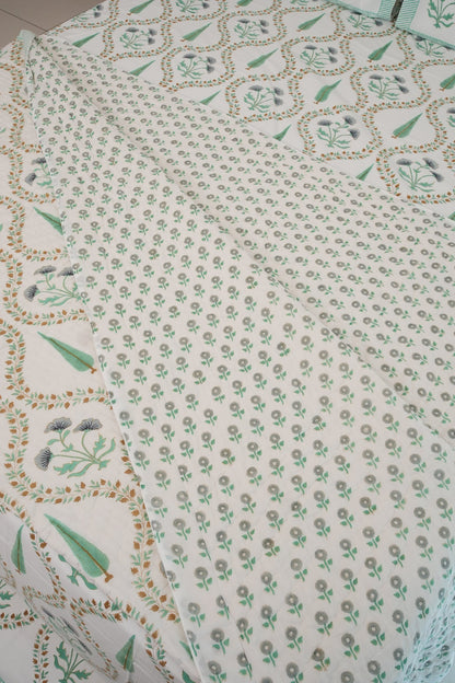Light Green & Grey Jaal Handblock Cotton Percale 300 TC Bedsheet & Double Quilt Set