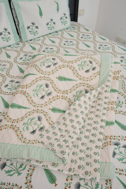 Light Green & Grey Jaal Handblock Cotton Percale 300 TC Bedsheet & Double Quilt Set