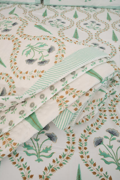 Light Green & Grey Jaal Handblock Cotton Percale 300 TC Bedsheet & Double Quilt Set