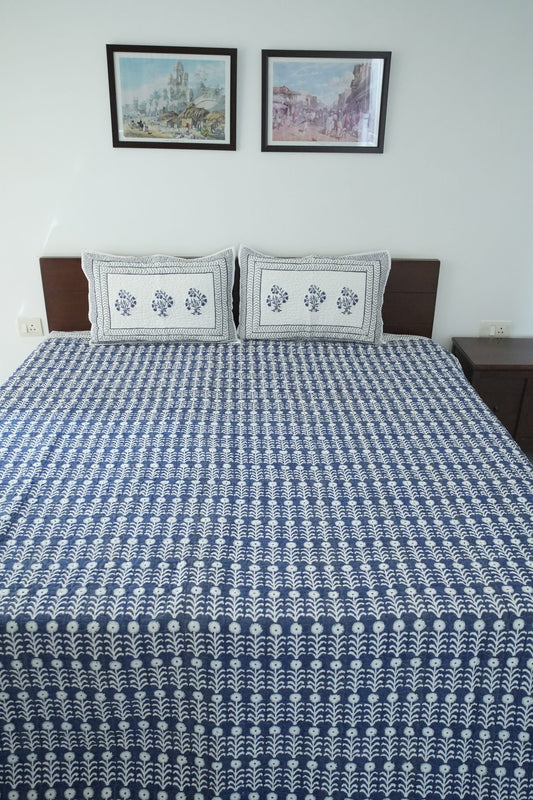 Dark Blue Floral Handblock Quilted Comforter Set with 2 Pillow Covers
