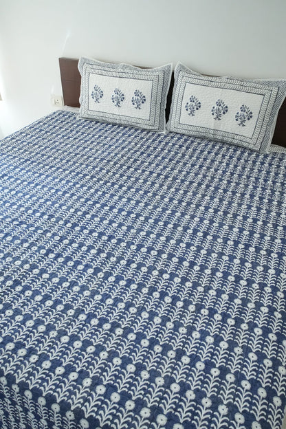 Dark Blue Floral Handblock Quilted Comforter Set with 2 Pillow Covers