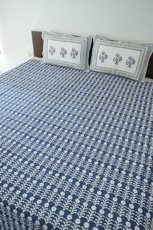 Dark Blue Floral Handblock Quilted Comforter Set with 2 Pillow Covers