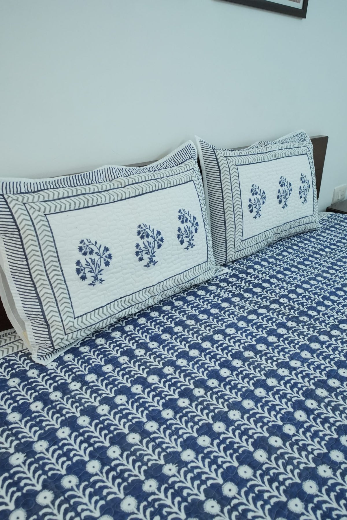 Dark Blue Floral Handblock Quilted Comforter Set with 2 Pillow Covers