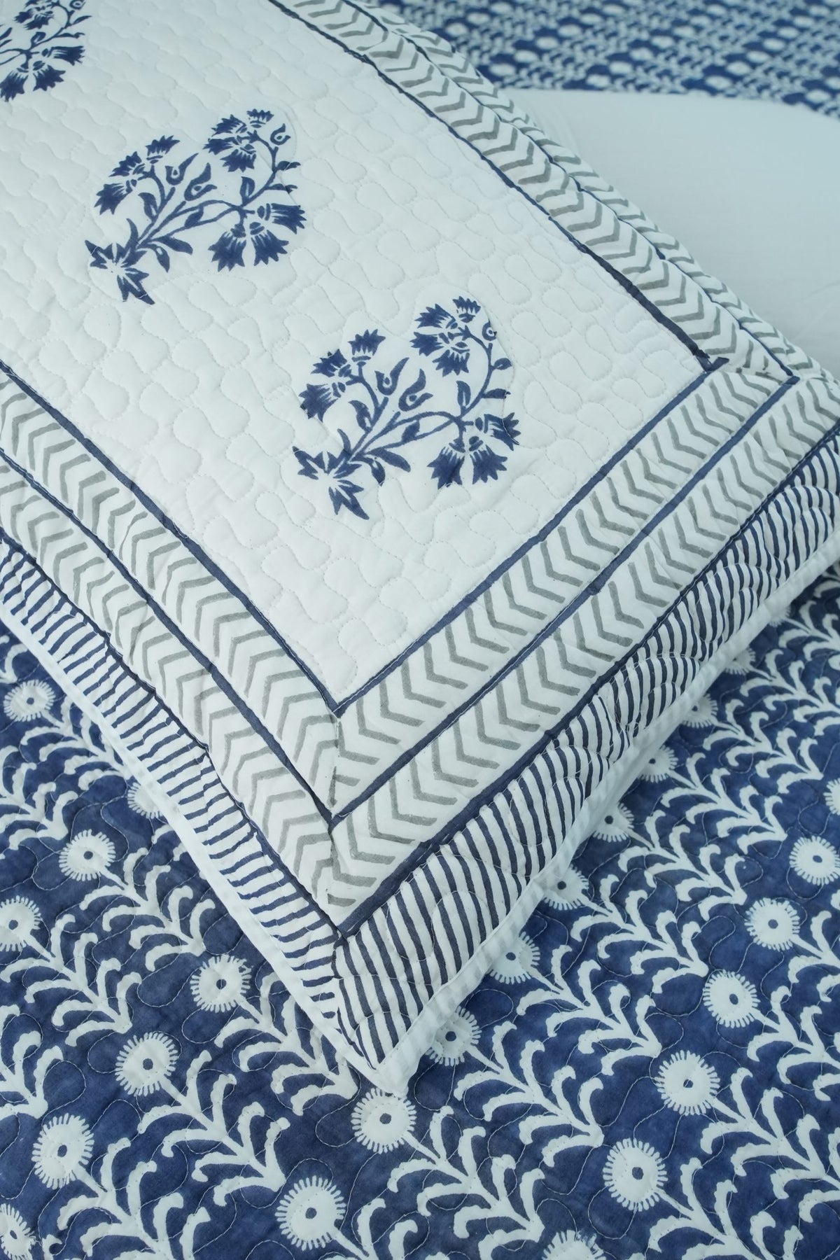 Dark Blue Floral Handblock Quilted Comforter Set with 2 Pillow Covers