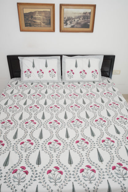 Grey & Pink Floral Handblock Cotton Percale 300 TC Bedsheet