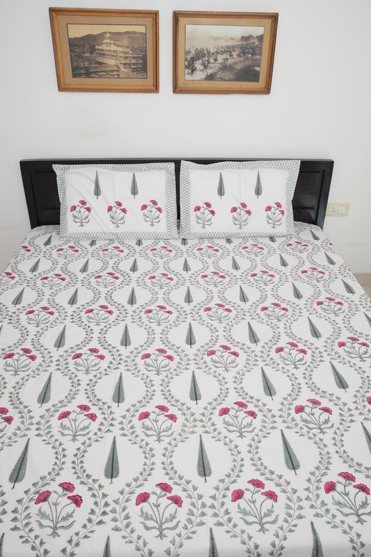 Grey & Pink Floral Handblock Cotton Percale 300 TC Bedsheet