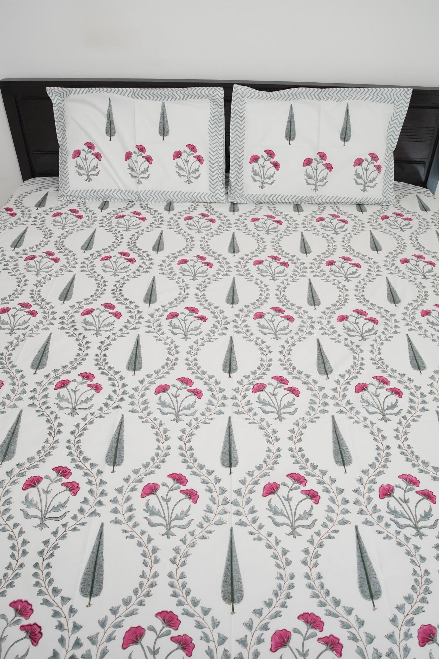 Grey & Pink Floral Handblock Cotton Percale 300 TC Bedsheet