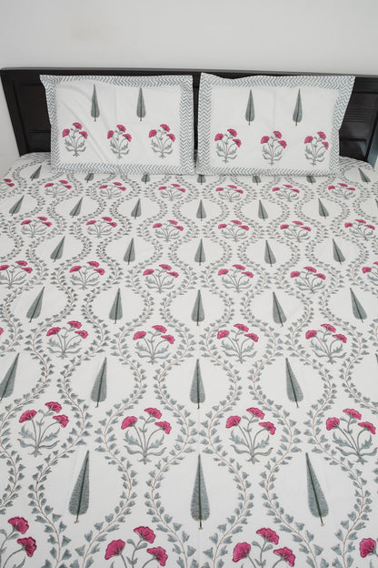 Grey & Pink Floral Handblock Cotton Percale 300 TC Bedsheet