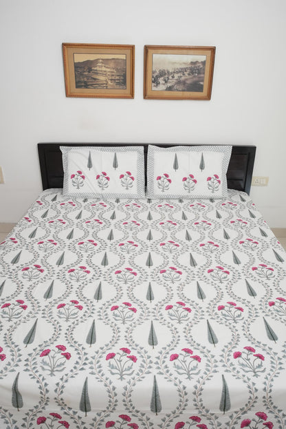 Grey & Pink Floral Handblock Cotton Percale 300 TC Bedsheet