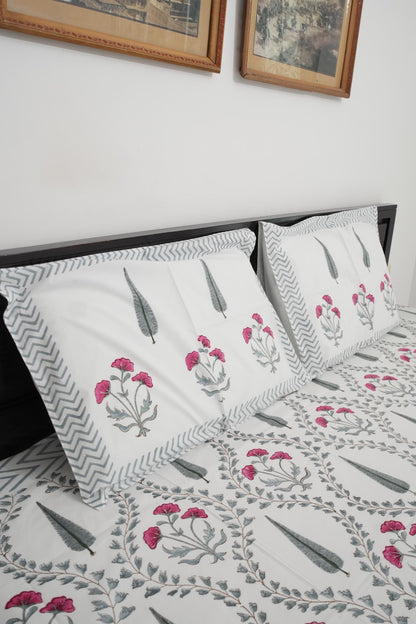 Grey & Pink Floral Handblock Cotton Percale 300 TC Bedsheet