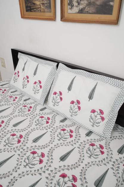 Grey & Pink Floral Handblock Cotton Percale 300 TC Bedsheet