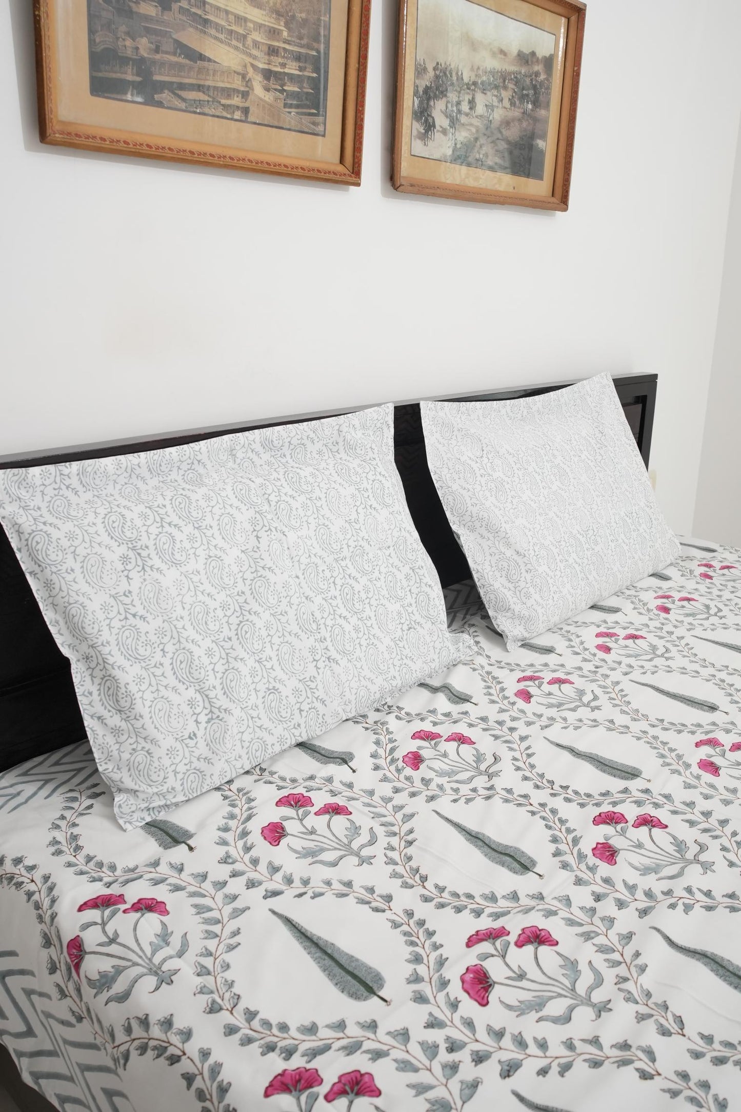 Grey & Pink Floral Handblock Cotton Percale 300 TC Bedsheet