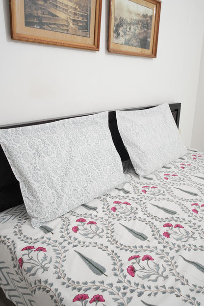 Grey & Pink Floral Handblock Cotton Percale 300 TC Bedsheet