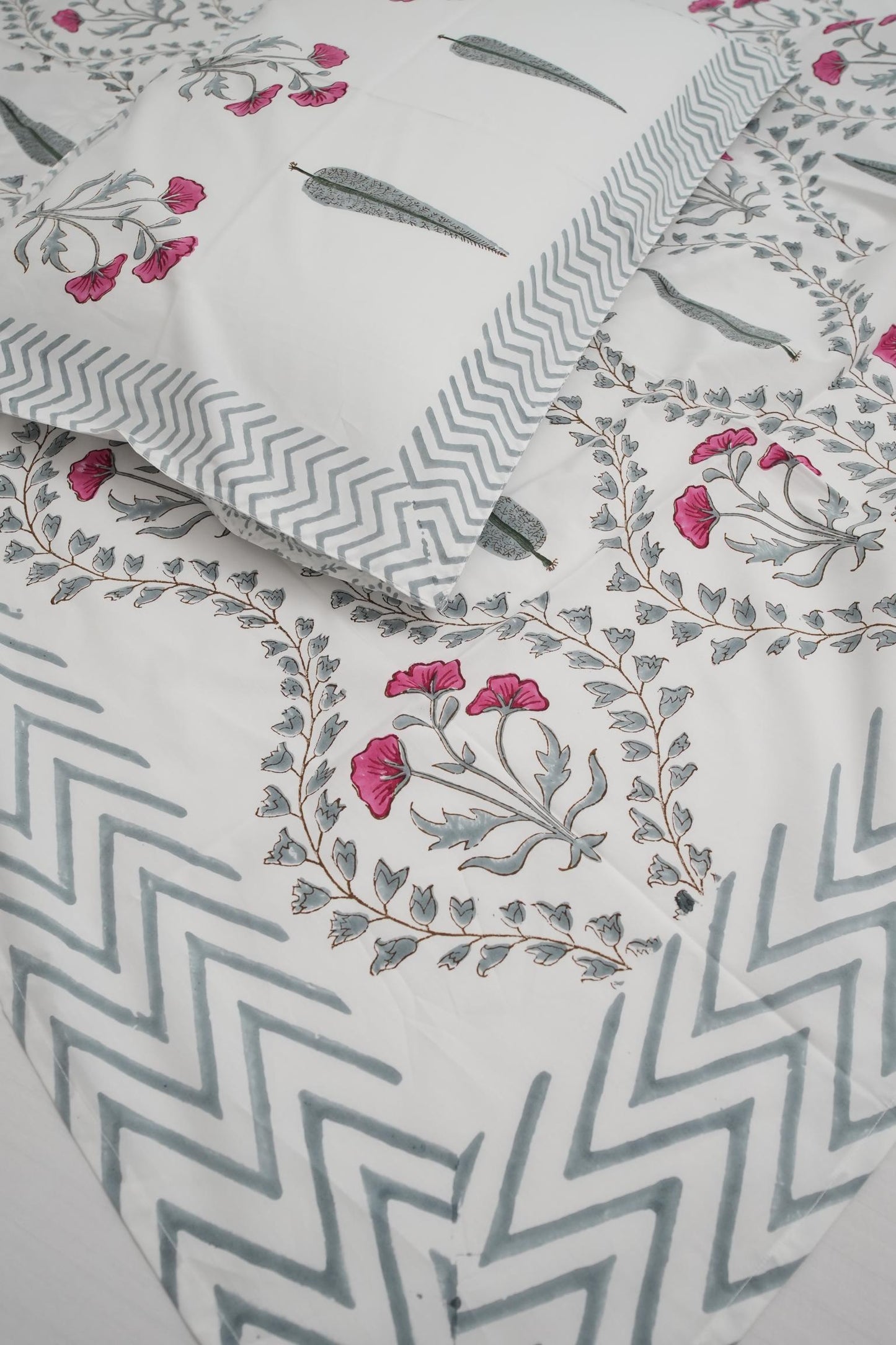 Grey & Pink Floral Handblock Cotton Percale 300 TC Bedsheet