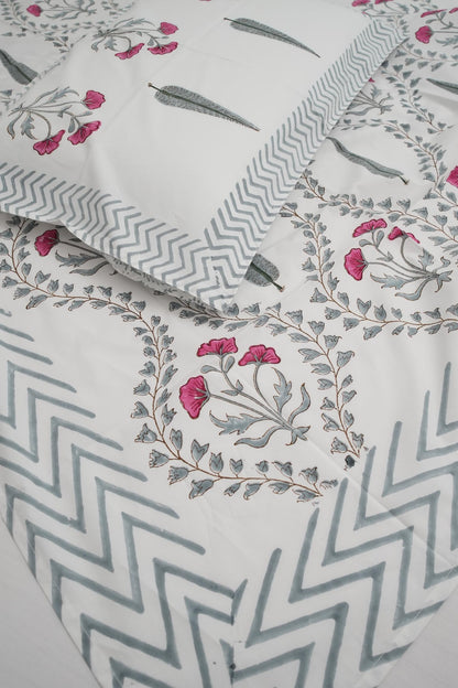 Grey & Pink Floral Handblock Cotton Percale 300 TC Bedsheet