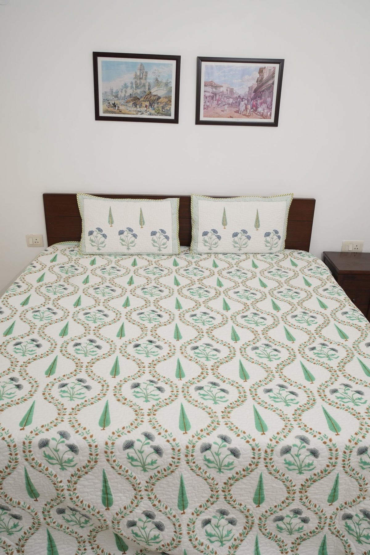 Light Green & Grey Jaal Handblock Quilted Comforter Set with 2 Pillow Covers