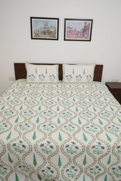 Light Green & Grey Jaal Handblock Quilted Comforter Set with 2 Pillow Covers