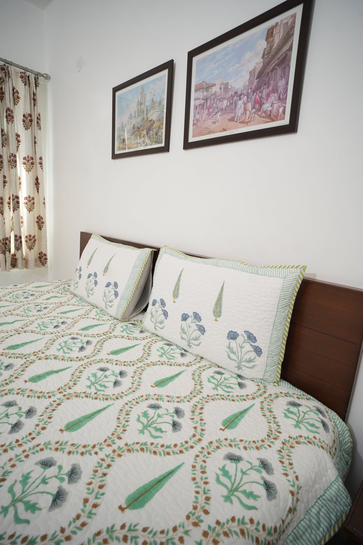 Light Green & Grey Jaal Handblock Quilted Comforter Set with 2 Pillow Covers