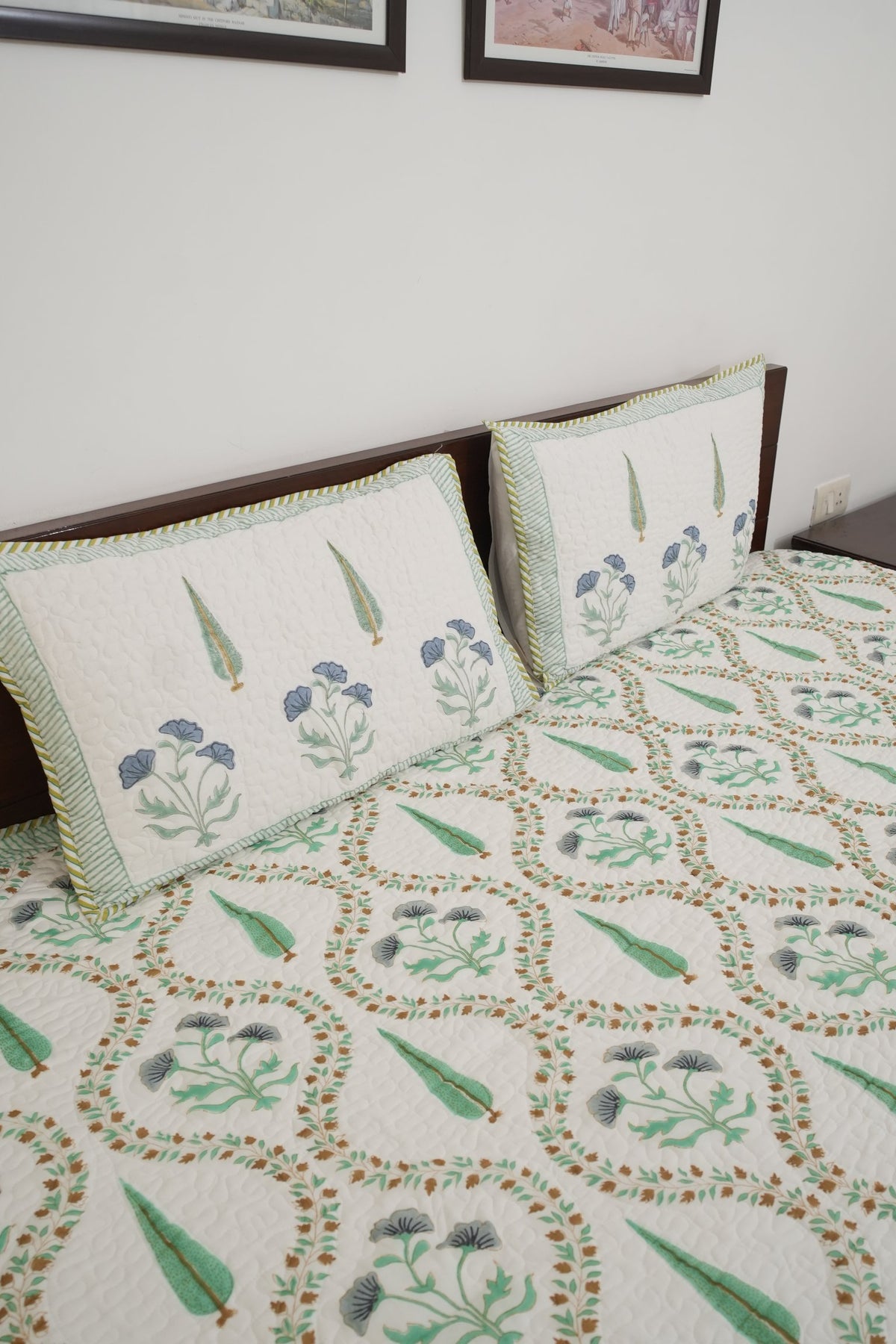 Light Green & Grey Jaal Handblock Quilted Comforter Set with 2 Pillow Covers