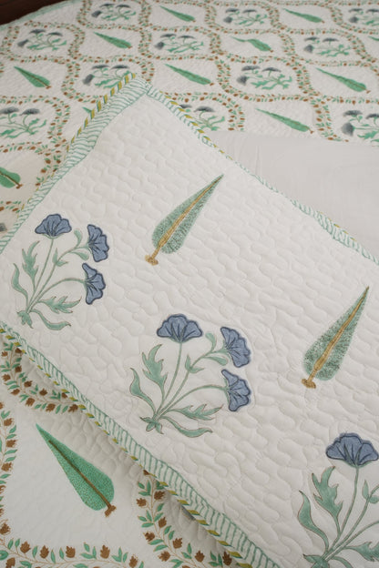 Light Green & Grey Jaal Handblock Quilted Comforter Set with 2 Pillow Covers