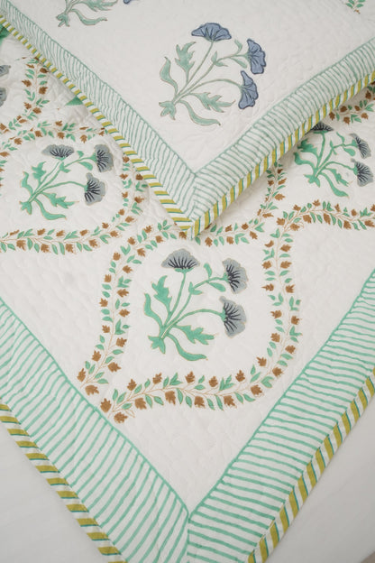 Light Green & Grey Jaal Handblock Quilted Comforter Set with 2 Pillow Covers