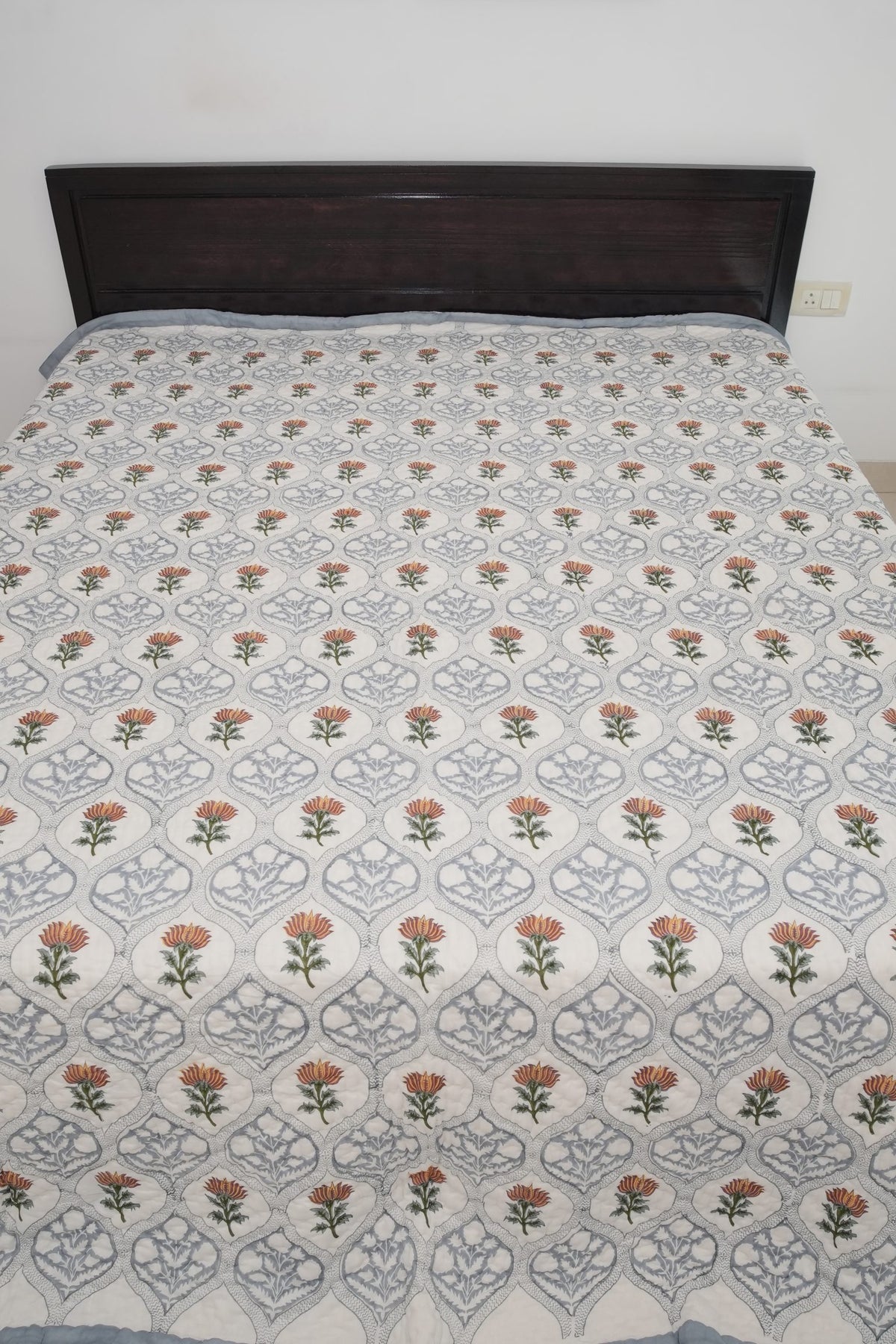 Grey & Brown Floral Jaal Handblock Reversible Double Quilt