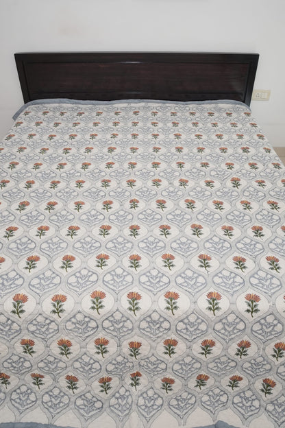 Grey & Brown Floral Jaal Handblock Reversible Double Quilt