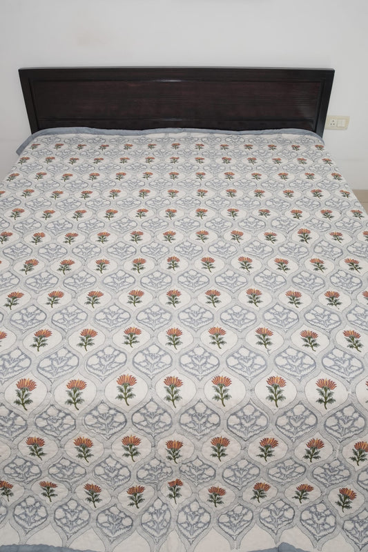 Grey & Brown Floral Jaal Handblock Reversible Double Quilt