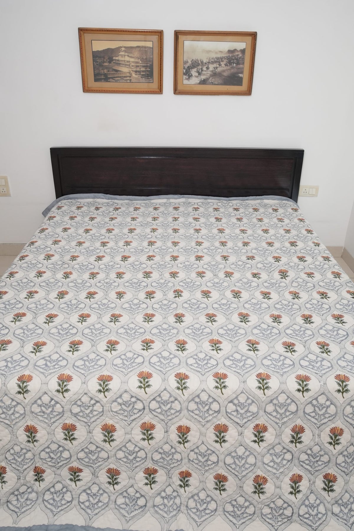 Grey & Brown Floral Jaal Handblock Reversible Double Quilt