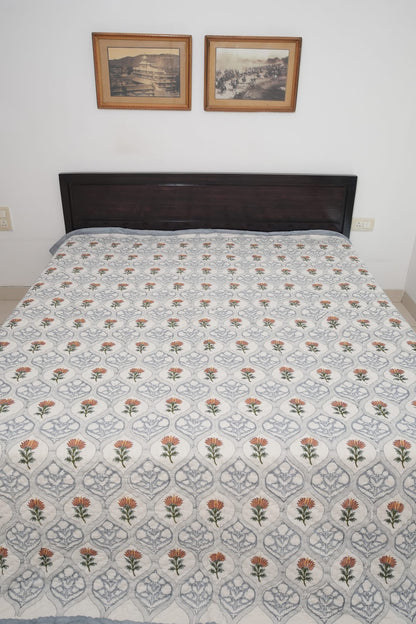 Grey & Brown Floral Jaal Handblock Reversible Double Quilt